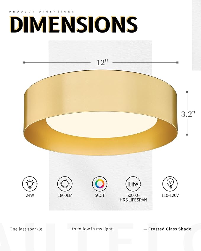 AUTELO 5CCT LED Ceiling Light, 12" Gold Flush Mount Ceiling Light with Frosted Glass in Gold Metal Finish for Bedroom, C3336-29 BRZ LED