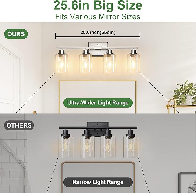 Ascher Bathroom Light Fixtures, 4-Light Vanity Lights with Clear Glass Shade, Modern Brushed Nickel Wall Light for Mirror Bedroom Hallway Cabinet Porch