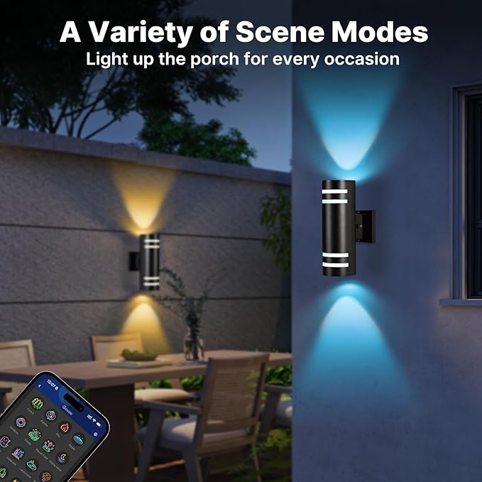 RGB Up and Down Lights Outdoor Wall Lights 4 Packs, Smart Color Changing Outdoor Wall Sconce WiFi Voice & App Control,Aluminum Waterproof Exterior Lights for Porch Compatible with Alexa