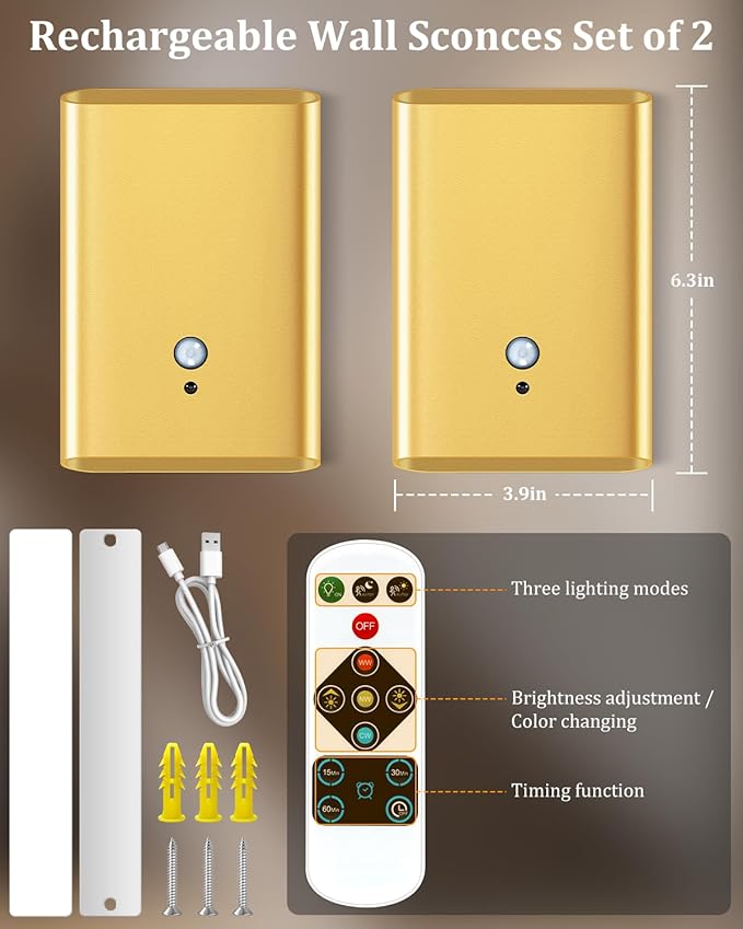 Wireless Adhesive Motion Sensor Wall Light with Remote, 6000mAh Battery Operated 300LM 3CCT Dimmable & Timer - Cordless Wall Sconce for Stair Hallway Bedroom Closet Gold for Renters Elderly Pet Owners