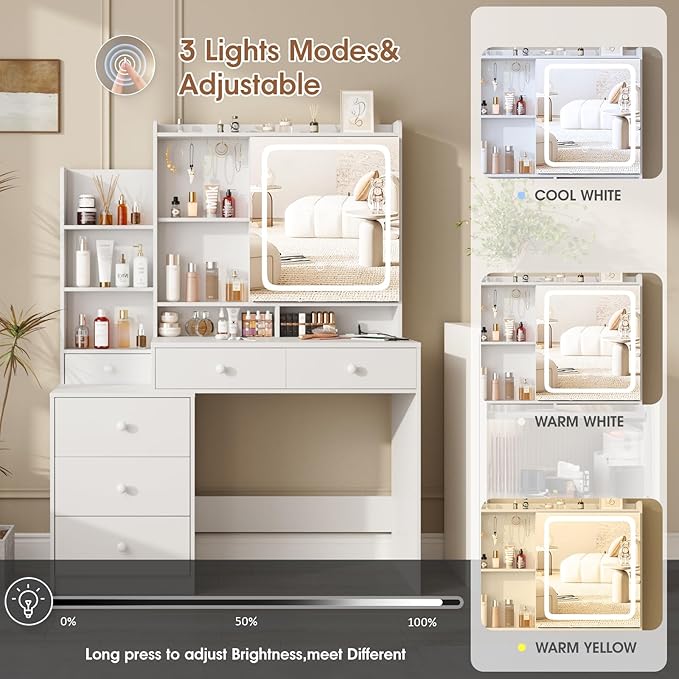 White Makeup Vanity with Led Mirror and Power Strip,Vanity Desk with Lots Drawers & Openable Mirror,3 Lighting Colors,Open Storage Shelves,Dressing Table for Bedroom
