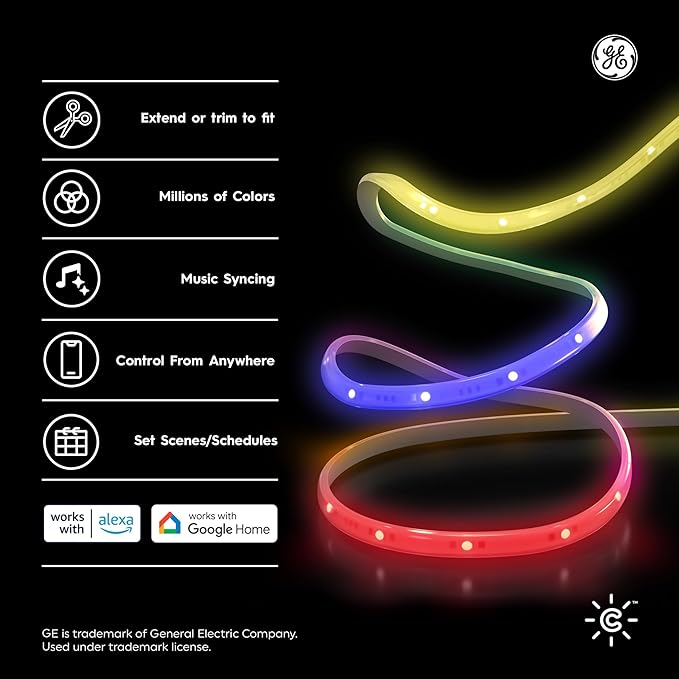 Cync GE Dynamic Effects Smart LED Light Strip Extension, Room Décor Aesthetic Color Changing Lights, LED Lights for Bedroom and TV, Works with Amazon Alexa and Google, 8 Ft Extension ONLY