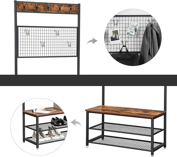 VASAGLE Industrial Coat Rack Stand, Shoe Rack Bench with Grid Memo Board, 9 Hooks and Storage Shelves, Hall Tree with Stable Metal Frame, Rustic Brown UHSR46BX