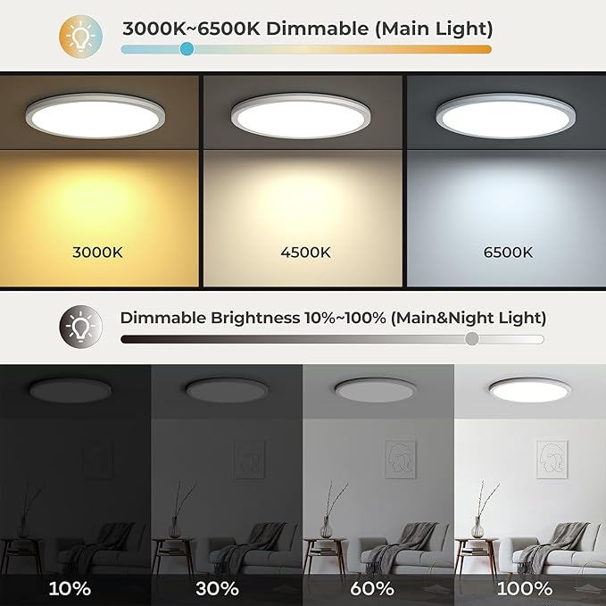 Matane 12in LED Flush Mount Ceiling Light Fixture with Remote Control, Nightlight 2000K Warm, 3000K-6500K Adjustable, Wired Low Profile Ceiling Lights for Bedroom, Kitchen, Living Room, White