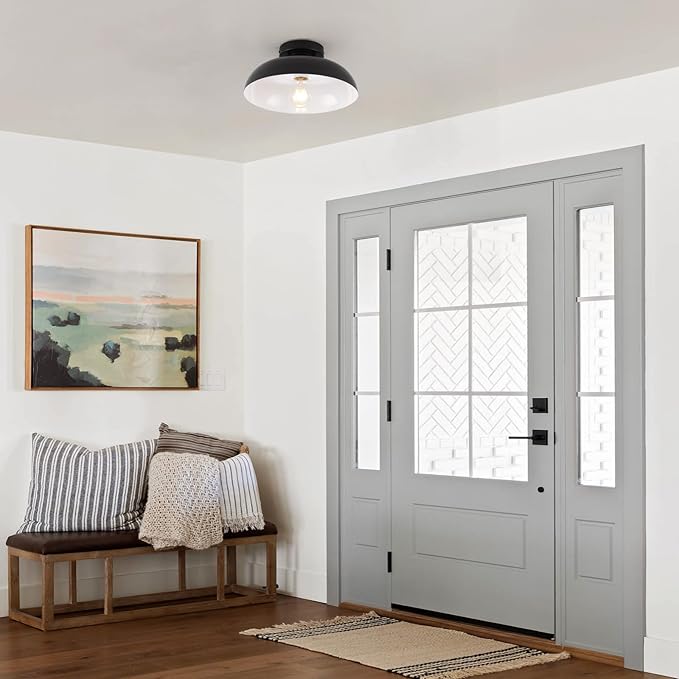 Black Semi Flush Mount Ceiling Lights, Industrial Ceiling Light 12 Inch Close to Ceiling Light Fixtures for Bedroom Entryway Kitchen Hallway Porch Foyer Bathroom Laundry Barn
