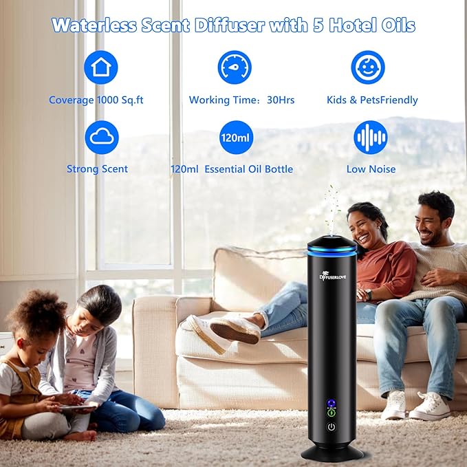 Diffuserlove Full Metal Body Waterless Scent Diffuser with 5 Hotel Scent Oils Hotel Collection Diffuser Waterless Aromatherapy Essential Oil Diffuser UP to 1000 Sq Ft Coverage for Home Office