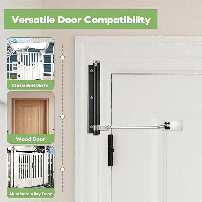 Automatic Door Closer, Stops Door Slamming, Ultra-Quiet Soft Close for Home & Apartment Doors, Upgraded Aluminum Roller Arm, Scratch-Free, Adjustable Speed, Self Closing Spring Door Closer, White