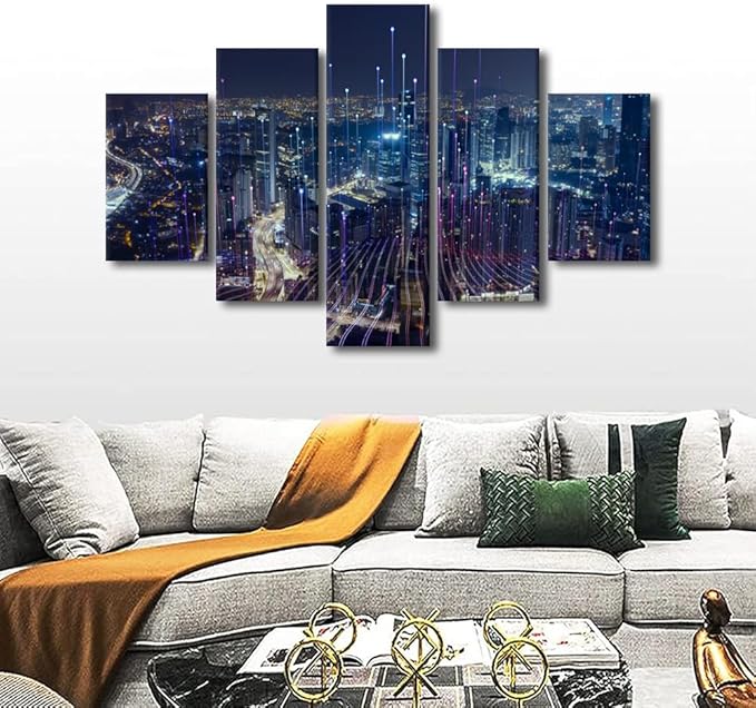 5 Panel Advanced City Poster Modern Digital Transformation Canvas Art Big Data Connection Picture Printing Internet Workers Living Room Bedroom Wall Decor Frame and Stretched Ready to Hang 60x40 Inch