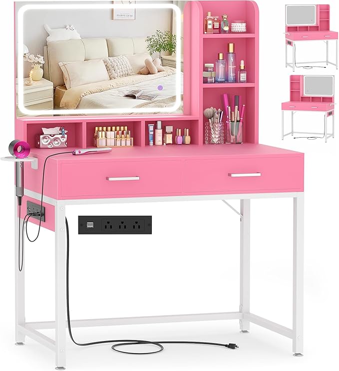 Small Vanity Desk, Vanity Desk with Mirror and Lights, Makeup Vanity Desks with Power Strip, Vanity Table with Drawers and Shelves, Adjustable Lighting, Dressing Table for Bedroom Dressing Room, Pink