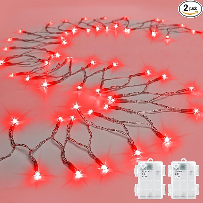 String Lights Outdoor Waterproof 9.8ft 30 LED, Red Fairy Lights Battery Operated with Timer Clear Wire for Indoor & Outdoor Christmas Vanlentines Decorations Garland Party Garden 2 Packs