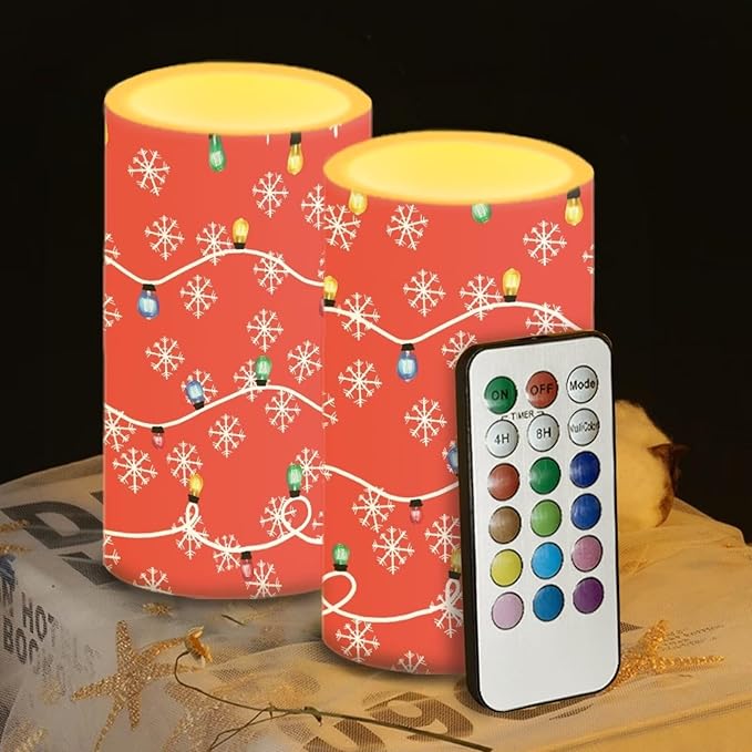 Christmas Lights Flickering Flameless Candles Battery Operated LED Candles with Remote and Timer Snowflake Decorative Candles Home Xmas Room Decor Electric Fake Plastic Pillar Candles
