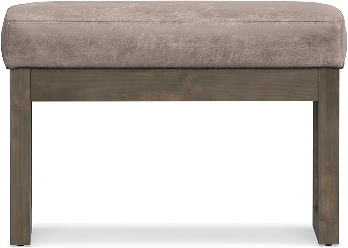 SIMPLIHOME Milltown Small Ottoman Bench - 27 inch Wide Upholstered Vegan Leather Rectangle Footstool Ottoman in Distressed Grey Taupe, Contemporary Bench for Bedroom with Cushioned Seat, Assembled