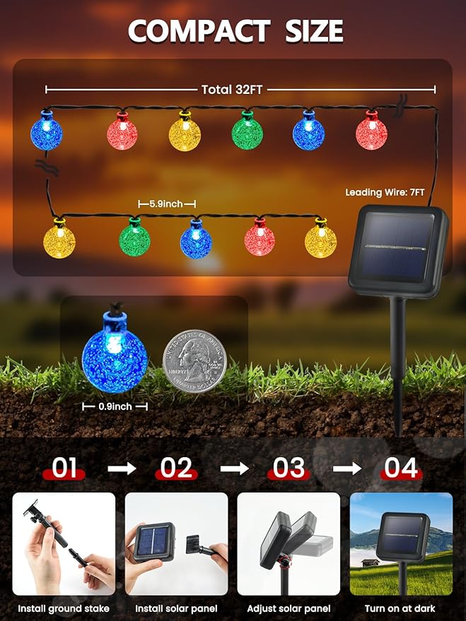 Multicolor Solar String Lights Outdoor, 2-Pack Total 100 LED 64FT Crystal Globe Solar Lights for Outside Waterproof with 8 Lighting Modes, Easter Decorations for Tree Wedding Patio Party Garden