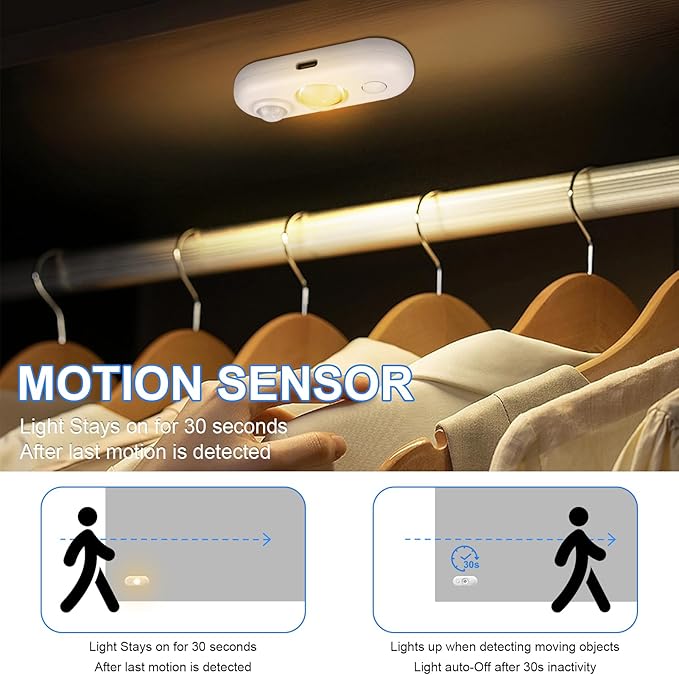 LED Motion Sensor Light Indoor, Magnetic Under Cabinet Lighting Warm White, Dimmable Rechargeable Puck Lights for Closet, Kitchen, Stairs(4 Pack)