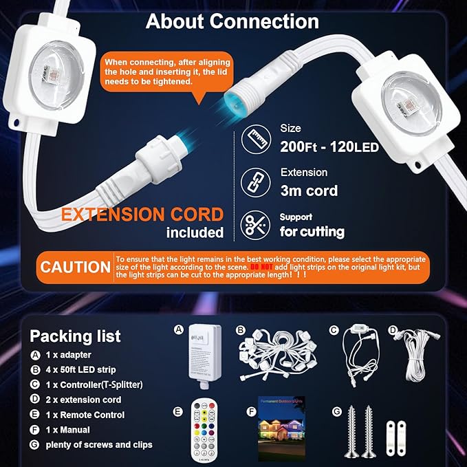 Permanent Outdoor Lights 200FT, Smart RGB+IC Eave Lights with Remote APP Control, DIY LED Color Individual, White & Colorful Christmas String Light, IP67 Waterproof for House Outside Decor