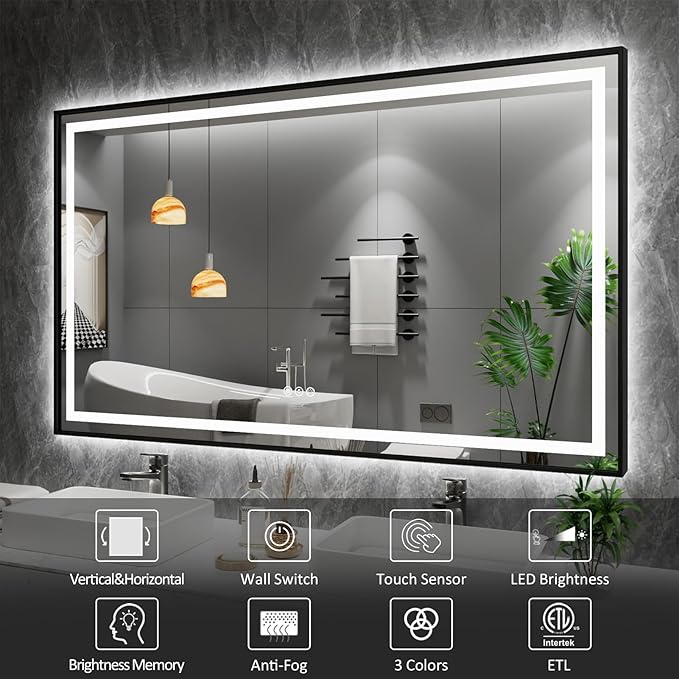 Amorho LED Bathroom Mirror, 72" X40" Front Light and Backlit, Black Framed, Stepless Dimmable, Anti-Fog, Shatter-Proof, Memory, 3 Colors, Double LED Vanity Mirror