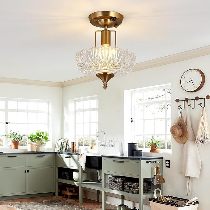 UOFUS Motion Sensor Semi Flush Mount Ceiling Light Gold Hallway Light Fixture with Clear Glass Indoor Small Chandelier for Hallway Entryway Porch Foyer Corridor