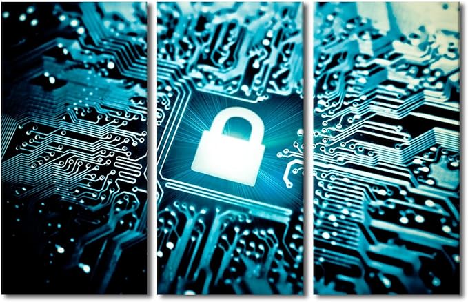 AI Intelligence Wall Art Canvas Prints Security Lock Symbol Wall Art Wall Decor 3 Pieces Canvas Wall Art AI Painting Room Wall Decor Modern Artwork Stretched and Framed Ready to Hang, 60"Wx40"H