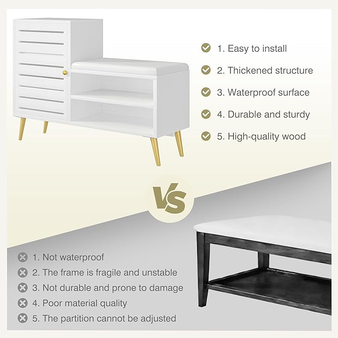 VECELO Shoe Storage Bench with Door&Shelf, Entryway Bench with Seat Cushion, for Hallway, Bedroom, Living Room, L-Shaped, White