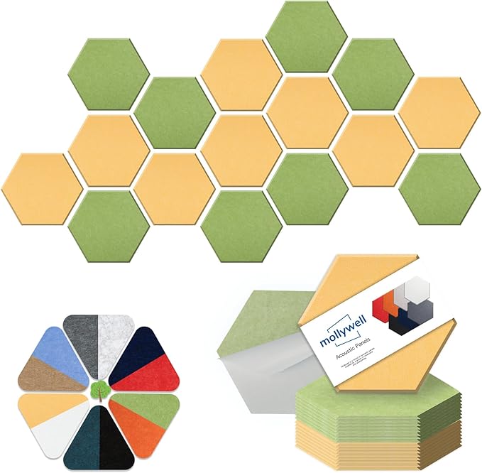 Mollywell Hexagon Acoustic Panels 14x12 - Reduce Echo & Reverb, Noise Blocking Wall Tiles for Kids Room & Playroom, Yellow & Fruit Green Sound Absorbing Panels