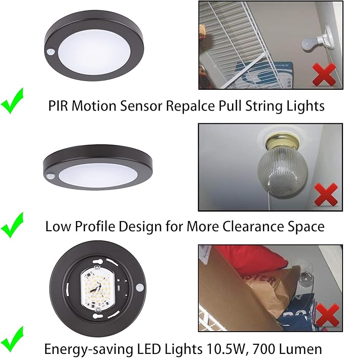 YoonLIT Flush Mount PIR Motion Sensor LED Ceiling Light, 6.2 Inch 10.5W 700 Lumen, Motion Activated Ceiling Fixture for Closet, Garage, Doorway, Stairway, Hallway, Bronze Finish 5000K 4-Pack