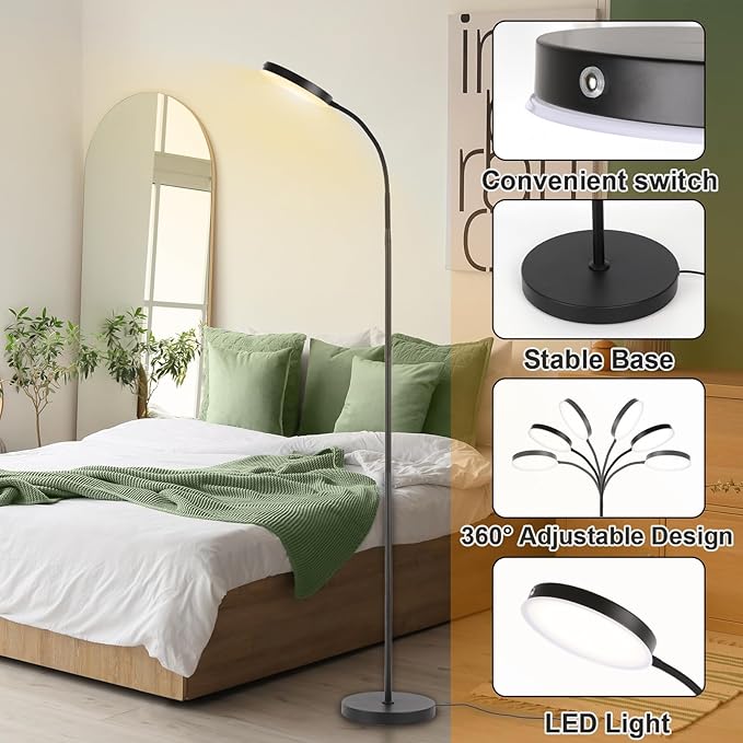 Floor Lamp, LED Floor Lamps for Living Room, Stepless Adjust Color Temperatures & Brightness Standing Lamp with Touch Control Tall Lamps Adjustable Gooseneck Reading Floor Lamp (Black)