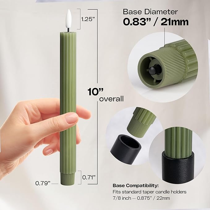 WYZworks 10" Fluted Ribbed LED Loden Green Grooved Pillar Candles, Remote & 24h Timer Memory, On/Off Switch - Flameless Dimmable Battery Operated w/Flicker Mode, Home Wedding Decor (6 Pack)