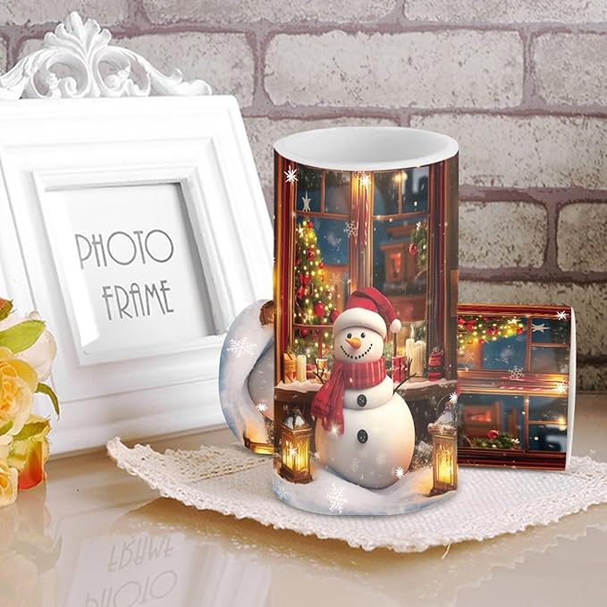 Christmas Decor Flameless Pillar Candles Cute Snowman Battery Operated Flameless LED Candles with Remote and Timer for Home Party Christmas Holiday Xmas Decorations Set of 2