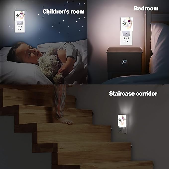 Groovy Hummingbird Flowers Dusk to Dawn Night Light, Auto Sensor Lamp Home Indoor Stairway Kitchen Corridor, Night Lights Plug into Wall Decor, Boys Girls Women Men Room Gifts