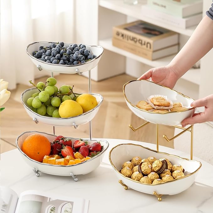 Ceramic Fruit Bowl for Kitchen Counter - 3 Tier Fruit Basket with Metal Stand, Tiered Fruit Stand for Countertop, Snack, Nuts, Cake, Dessert, Cute (Gold-rimmed, Small)