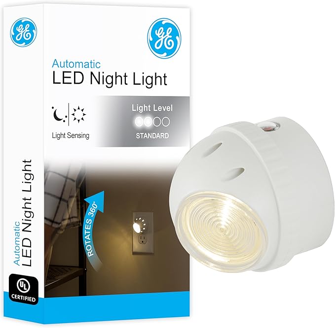 GE Rotating Plug in Night Light, Home Decor, Apartment Essentials, LED Lights for Bedroom, Ambient Lighting, Dusk to Dawn Sensor, Nightlight, Bathroom, Dorm Room, 1 Pack 50310