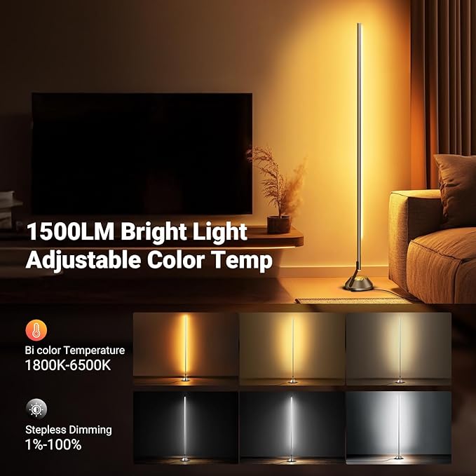NEEWER NF01 Smart LED Floor Lamp,1500lm 16 Million Color RGBW Standing Corner Light, Compatible with Google Assistant Alexa, APP/AI Custom/Music Sync, Ambience Lighting for Living Bedroom Home Decor