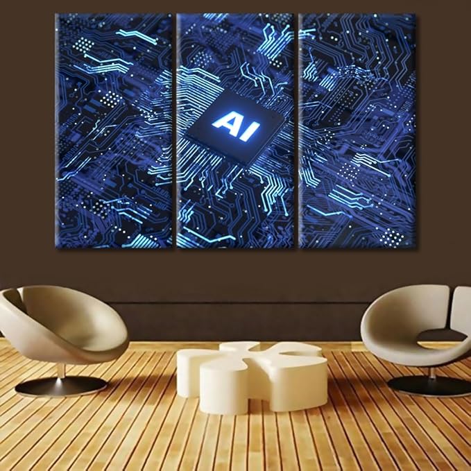 Wall Art for Living Room Artificial Intelligence Concept Canvas Wall Art Computer Processors CPU Wall Art Chip Posters & Prints 3 Panels Modern Artwork Ready to Hang for Bedroom Office 60"Wx40"H