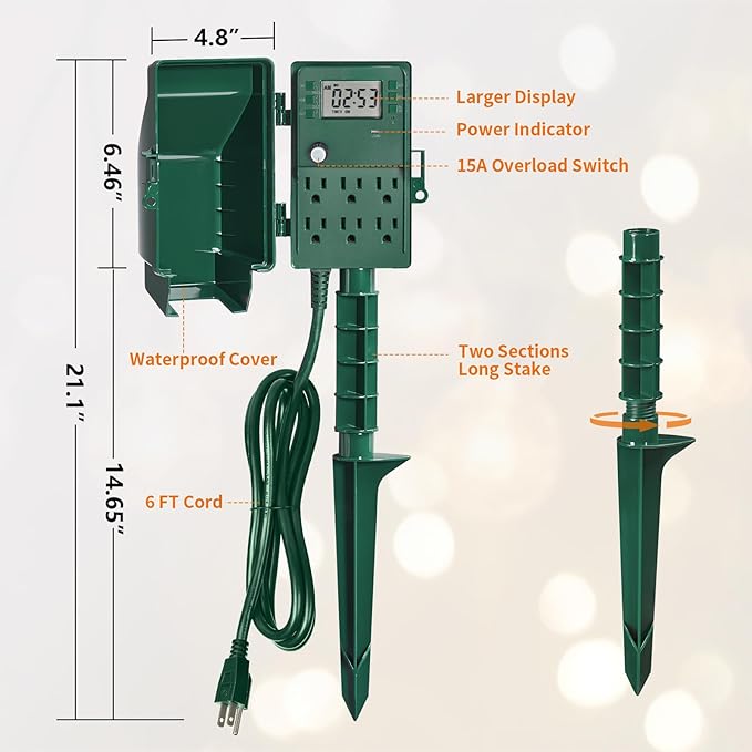 SURAIELEC Outdoor Power Stake, 7-Day Programmable Digital Timer, Power Strip Weatherproof, 6 Multi Plug Electrical Outlet Waterproof, 6 ft Extension Cord, for Outside Yard Light, Christmas Decorations