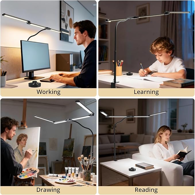 Desk Lamp, Clamp Desks Lamps for Home Office, 24W Flexible Gooseneck Table Lamp, 10 Color Modes & Brightness Eye-Caring Desk Light w/USB Adapter (12V2A Black)