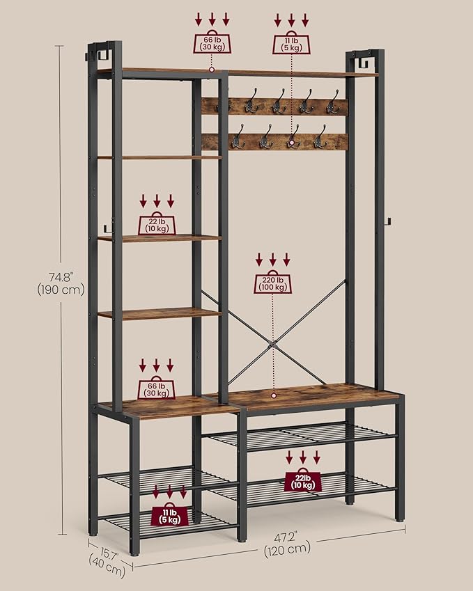 VASAGLE Hall Tree with Bench and Shoe Storage, Entryway Coat Rack with Shoe Bench, 5 Storage Shelves, 9 Coat Hooks, 6 Side Hooks, 15.7 x 47.2 x 74.8 Inches, Rustic Brown and Ink Black UHSR426B01