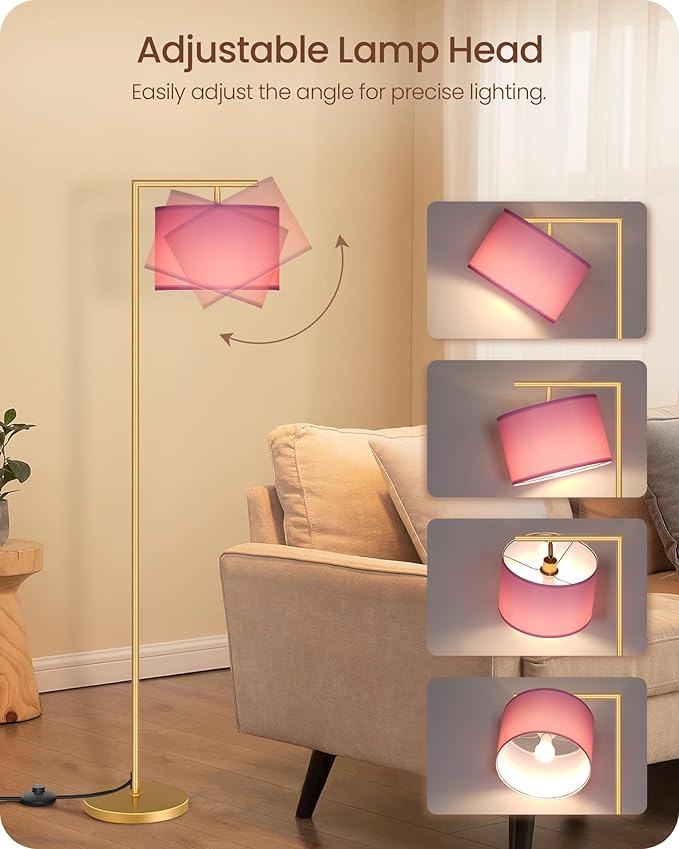 Modern Gold Arc Floor Lamp, Corner Tall Lamp with Remote, Arched Reading Light with Fabric Shade, Floor Lighting for Living Room, Bedroom, Office, Study, Pink, LED Bulb Included, DP11LD05