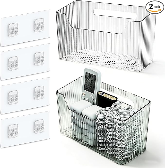 Set Of 2 Storage Organizer Bins Wall Mounted Shower Basket, Shower Caddy Stackable Clear Plastic Makeup Organizer Adhesive Hanging Bin for Bathroom, Kitchen, Cabinet, Pantry, BPA Free, Clear