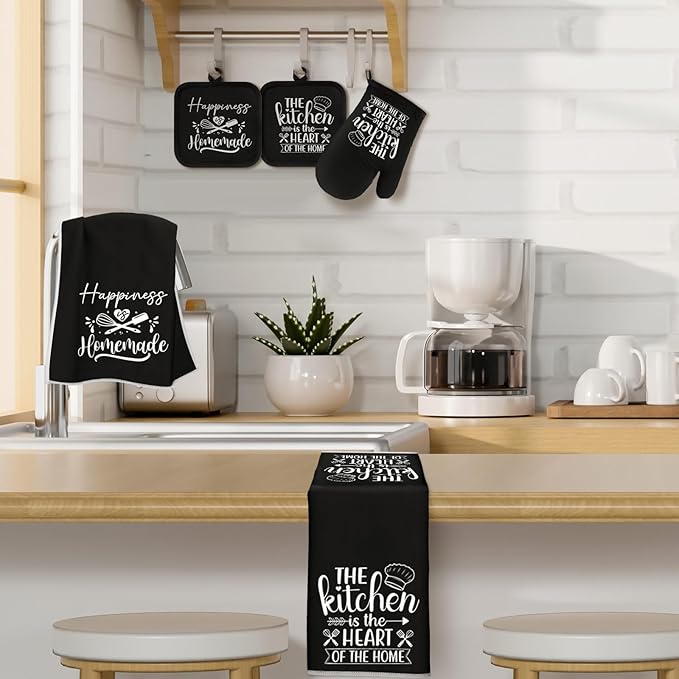 Sratte 6 Pcs Kitchen Decor Accessories Set Farmhouse Towels Pot Holders Oven Mitts Set 2 Dish Towels 2 Potholders 2 Cooking Mittens Oven Glove for Christmas Baking Cooking Supply(Black,Kitchen)