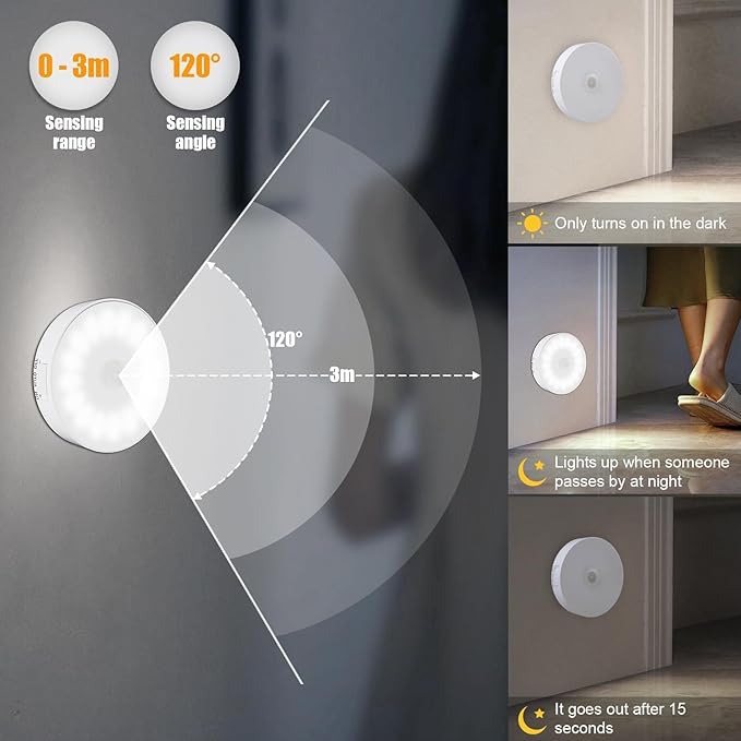 Motion Sensor Light Indoor [Upgraded 14 LEDs], 3 Pack Rechargeable Night Light, Wide Detection Range, 3 Light Modes, Bedroom Closet Lights, Anywhere Stair Light, Hallway Light - Cold White
