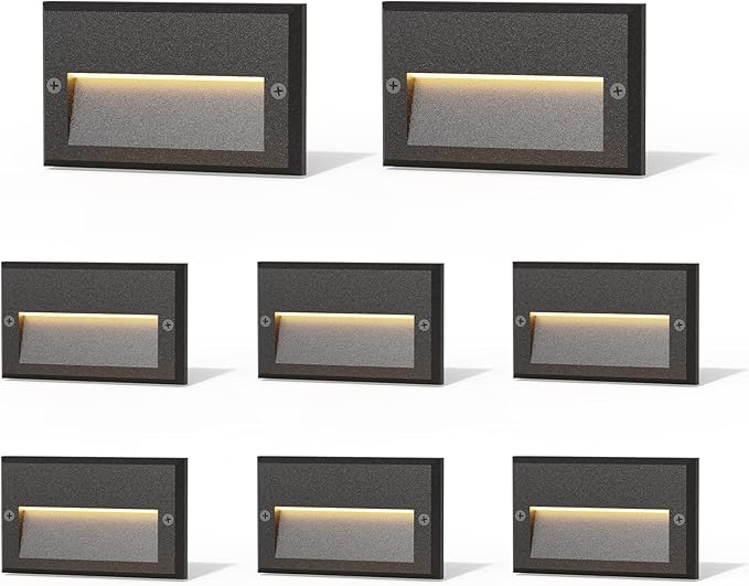 GOODSMANN Low Voltage Step Lights Kits 5.5 Inch Outdoor 12V AC Landscape Stair Lights Wired 8PK 3W LED Electric Outdoor Deck Lighting Black Metal 49 Lumens 3000K Warm White with Cable Connectors