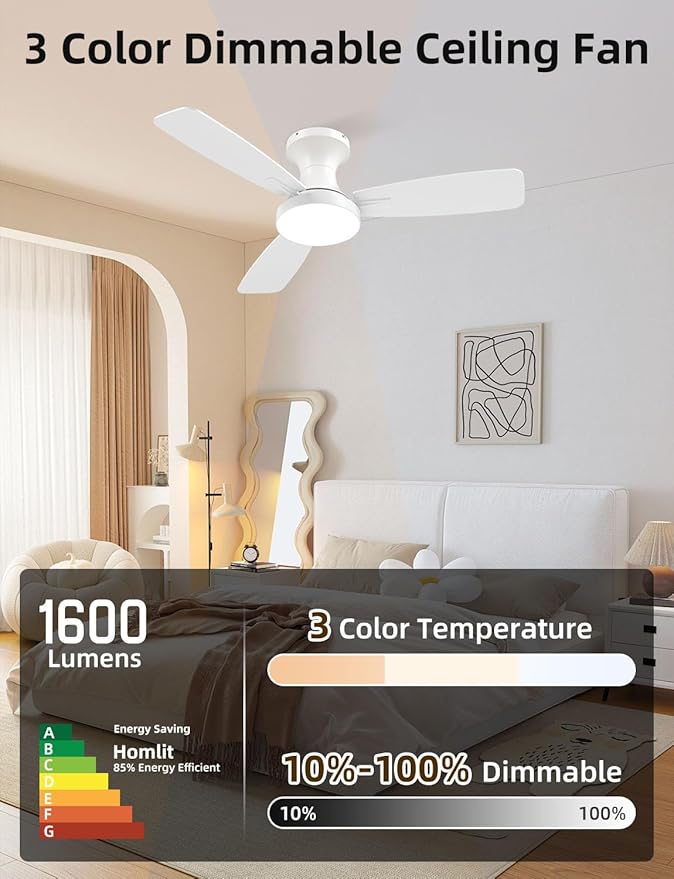 42 inch Smart Ceiling Fan with Light, Low Profile Flush Mount with Remote Control, Ultra-Quiet Reversible DC Motor, 3 Color Temperatures & 6 Speed Dimmable Lighting for Bedroom, White