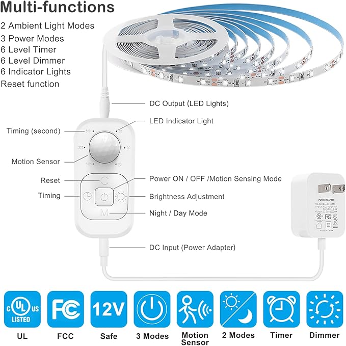 Motion Sensor Lights Indoor Plug-in LED Step Lights Strip with UL FCC Adapter Timer Dimmer Multi-Functional Controller for Stairway Kitchen Cabinet Bedroom Corridor Washroom Counter Shelf Showcase
