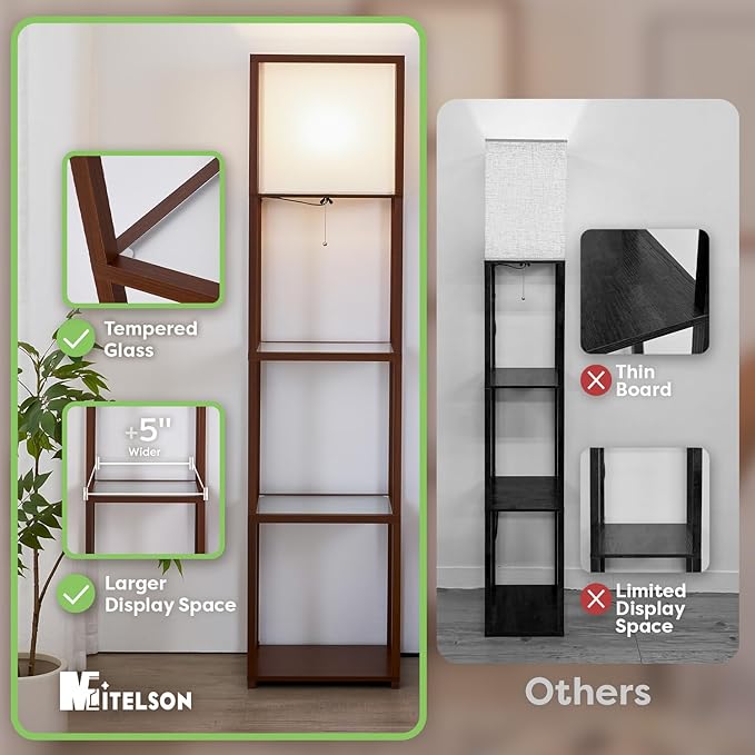 Floor Lamp with Shelves, Modern Shelf Lamps with Tempered Glass, Standing Lamp with LED Bulb, Display Corner Shelf with Lights for Living Room, Bedroom, Office, Brown
