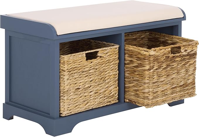 SAFAVIEH Home Collection – Freddy Blue Storage Bench with Seat Cushion, 2 Basket Drawers, Coastal Farmhouse Entryway Design, Fully Assembled (AMH5736K)