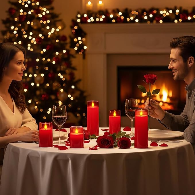 Raycare Flameless Candles Battery Operated with Remote Timer, Acrylic Flickering LED Pillar Candle for Valentine's Day Decoration, Home Decor, Gift for Family and Friend, Red, Set of 5