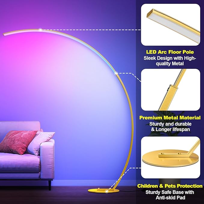 RGB Floor Lamp with 3 Color Temperatures, Ultra Bright 1800LM Smart Arc LED Floor Lamp with Remote Control, Music Sync, Scene Modes, Modern Standing Tall Lamp for Bedroom Living Room Gaming Rooms-Gold