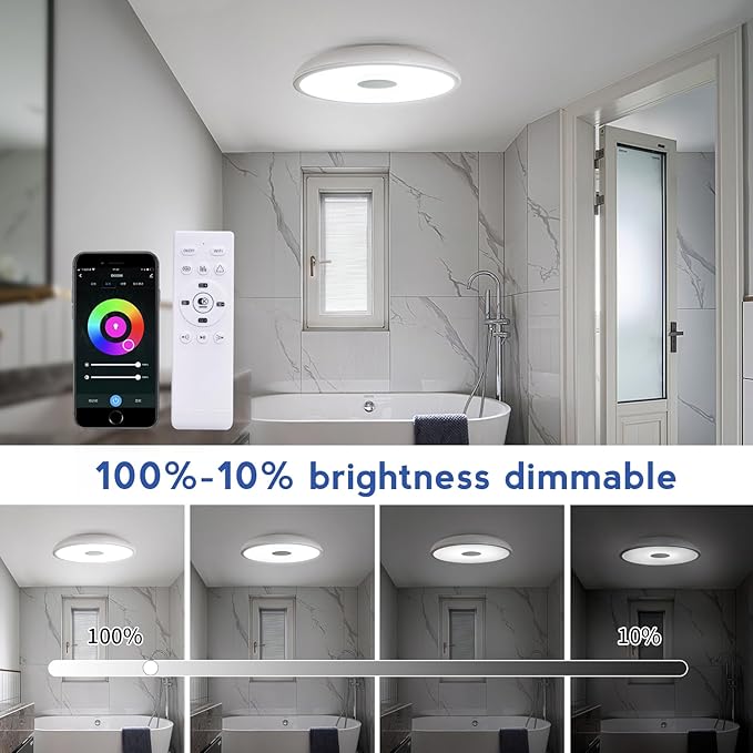 Smart Waterproof LED Flush Mount Ceiling Light Fixture,11 inch 18W,with Bluetooth Speaker,RGB Color Changing Function- Dimmable Lamp,Tuya Application Control-Compatible with Alexa Google Home
