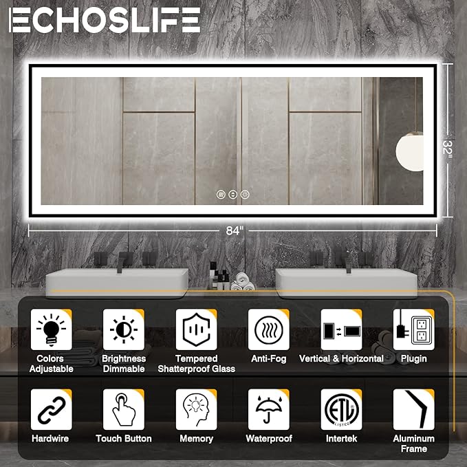 84x32 Large LED Bathroom Mirror - Black Aluminum Framed (Front and Backlit), Anti-Fog Stepless Dimmable 3 Colors Smart Lighted Vanity Mirror for Wall(Horizontal/Vertical)