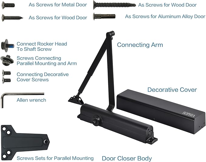 SOPHIA Door Closer Commercial Grade 1, Automatic Door Closer Heavy Duty, Fully Adjustable for 44-330LBS Doors, Auto Door Closure High Traffic Areas - ADA Compliant & UL Listed, Matte Black, DK8000